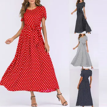 Yeni Yaz Elbiseler Kadınlar İçin Zarif O-Boyun Kısa Kollu Plaj Polka Dot Bandaj Uzun Maxi Elbise vestidos de verano mujer