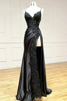 Zarif Straplez uzun elbise 2023 Yeni Spagetti Kayışı Yüksek Yarık Siyah Uzun Dantel Aplike Siyah Kız Parti Balo Elbise