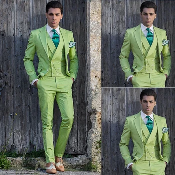 Yeşil Erkek Takım Elbise Üç Parçalı Ceket Pantolon Custom Made Doruğa Yaka Takım Elbise Renkli Kıyafet