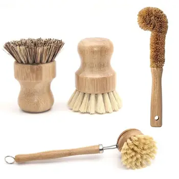 Bitki Bazlı Temizleme Fırçası Seti, Bambu Mutfak tahta fırçası 4 Set Temiz Sofra / Kutu / Şişe / Pot / Pot / Kızartma P