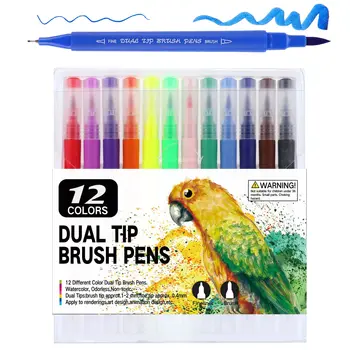 12 Adet / takım İşaretleyiciler Seti Kalem Renk FineLiner Çift Uçlu Fırça Kalemler Çizim Boyama Suluboya resim kalemi Kalemler Okul Malzemeleri