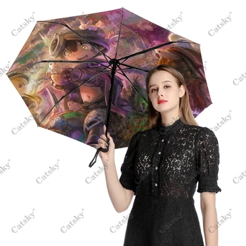 Anime Yapılan Abyss Tam Otomatik Üç Katlanır Şemsiye W / Siyah Kaplama Anti-Uv Güneş koruyucu şemsiye Kadın Yağmur Şemsiye