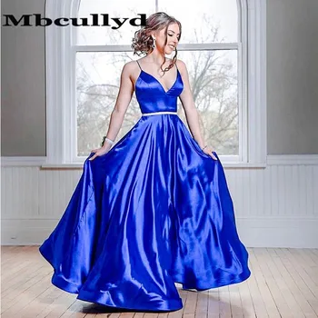 Mbcullyd Şık A-line Uzun balo kıyafetleri Seksi V Yaka Backless Akşam Elbise Kadınlar İçin Artı Boyutu Kraliyet Mavi Robe De Soiree