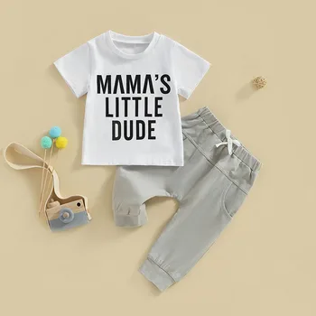 2023-04-20 Lioraitiin 0-3Years Toddler Erkek Bebek 2 Adet Rahat Giyim Yaz Kısa Kollu Anne Mektubu Baskılı Gömlek Üst Gri Pantolon