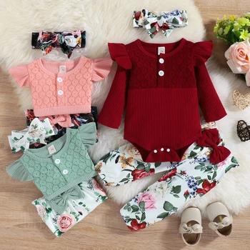 Bebek Bebek Kız Tulum 3 Adet Takım Elbise, Katı Jakarlı Uzun Kollu O-boyun fırfırlı kıyafet + Çiçek Baskı Uzun Pantolon + Kafa Bandı