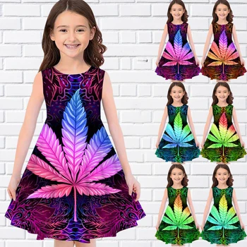 Renkli Yapraklar Bitkiler Desen 3D Baskı Yaz Kolsuz Kız Elbise Rahat Moda O-Boyun Kız Elbise Bayram İçin Kız Giyim