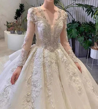 Lüks Fildişi Gelinlik V Yaka Tam Kollu Boncuk Pullu Dantel Aplike Parlak Prenses Zarif Gelin Kıyafeti Düğün Parti İçin