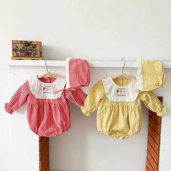 Sonbahar Yenidoğan Bebek Bebek Kız Izgara İşlemeli Tulum + Şapka ClothingSpring Çocuklar Kız Uzun Kollu Tulum Giysileri