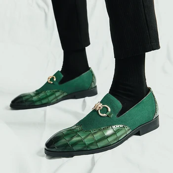 Sonbahar Yeşil Loafer'lar Erkekler Slip-on Nubuk Deri Elbise Ayakkabı Lüks Marka Deri rahat ayakkabılar Sivri Burun Düğün Bullock Ayakkabı
