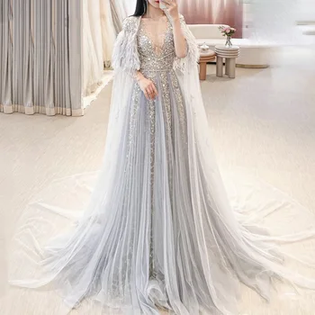 Lüks Dubai Gümüş Gri Abiye Tüy Pelerin Şal Arapça Kadınlar Düğün Örgün Balo Elbise SS147