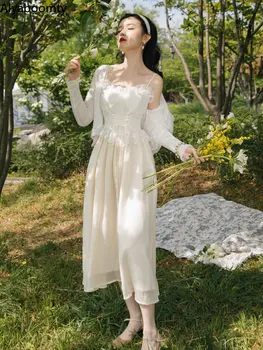 Yeni Yaz Kadın Peri Dantel Midi Sundress Jartiyer Hollow Out Fairycore Şık Elbise Kolsuz Zarif Kadınsı Bandaj Elbise