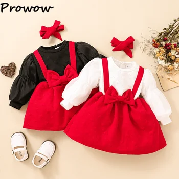 Prowow 0-3Y Uzun Kollu Kırmızı Bebek Elbiseleri Kış Büyük Yay Kalın Sıcak Örme Elbiseler Kızlar İçin Yürümeye Başlayan Bebek Noel Giysileri
