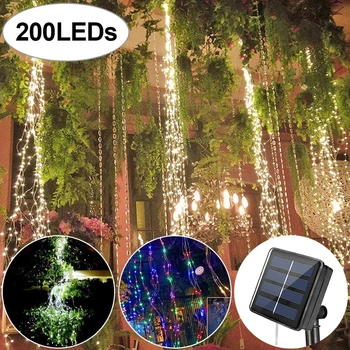 Güneş dize ışıkları açık, 10 tellerinin 200 LEDs asılı asma ağaç ışıkları şelale asma dize ışıkları su geçirmez yıldızlı ışıklar