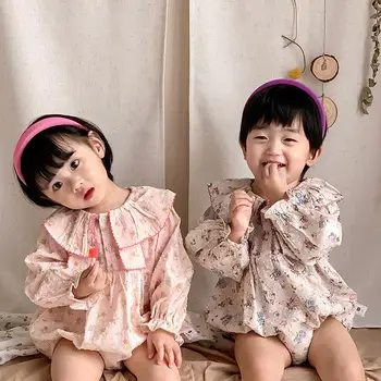 2023 Kore Butik Romper Küçük Kızlar Toddlers için Vintage Çiçekli Bodysuit Sonbahar Çocuk İlk Ay Kutlama Giyim