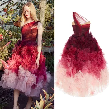 Marchesa ışık lüks kırmızı degrade bir omuz çiçek elbise doğum günü partisi şarap parti yıllık toplantısı kırmızı halı gelin elbise