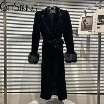 GetSpring Kadın Trençkot Vintage Tilki Kürk Kollu Bayan Rüzgarlık Lace Up Uzun Siyah Kadın Palto Sonbahar Kış 2022 Yeni