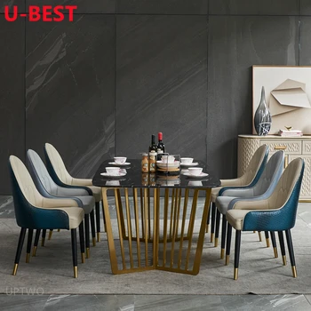 U-BEST Avrupa Tarzı Beyaz Mermer Taş Üst Tasarım yemek masası Modern Minimalist Dikdörtgen Parlak Masa Altın Mobilya