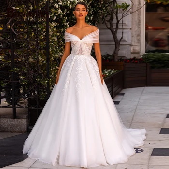 BONJOURY Basit Şık düğün elbisesi Ayrılabilir Lacing Up Straplez Kadınlar Için A-LİNE Aplikler Tül Vestido De Novia Özelleştirilmiş