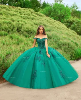 Yeşil Charro Quinceanera elbise Balo Kapalı Omuz Tül Aplikler İnciler Kabarık Meksika Tatlı 16 Elbiseler 15 Anos