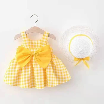 2 Parça Yaz Kıyafet Bebek Bebek Kız Prenses Plaj Elbise + Sunhat Pamuk Kolsuz Kafes Toddler Bebek Kız Doğum Günü Elbise