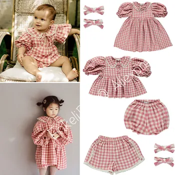 EnkeliBB Süper Tatlı Kız Yaz Pembe Elbiseler Pamuk ve Keten Made Kalite Pliad evaze elbise Prenses Tarzı Toddler Yaz