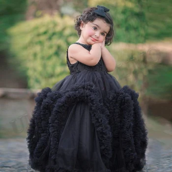 Siyah Ruffles Aline Toddler Doğum Günü Çiçek Kız Elbise Plise Düğün Parti Custom Made Moda Gösterisi İlk Communion elbise