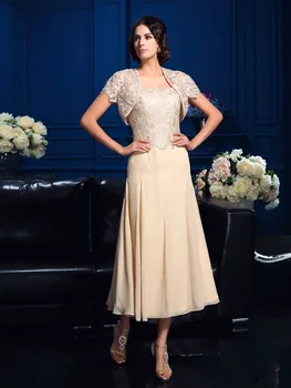 Artı Boyutu Anne Gelin Elbise A-line Ayak Bileği Uzunluğu Şifon Dantel Ceket İle Kısa Damat Anne Elbise Düğün İçin