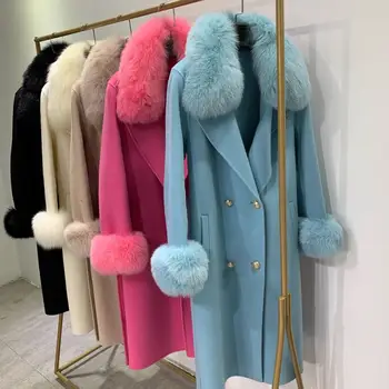 2020 Kış Kalın Ceket İnce Kemer Bayanlar Streetwear Doğal Tilki Kürk Yaka Yün çift yüzlü ceket Sıcak Kaşmir giyim