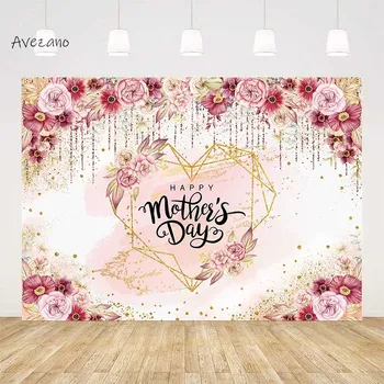 Avezano Mutlu Anneler Günü Fotoğraf Stüdyosu için Pembe Çiçek Altın Glitter Anne Parti Afiş Dekor Arka Plan Fotoğraf Stüdyosu