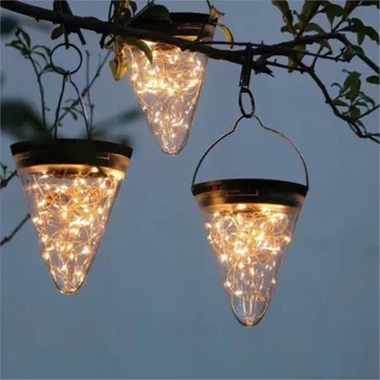 Güneş enerjili asma fener bakır tel dize peri ışık koni kolye lamba tatil parti düğün bahçe dekorasyon için