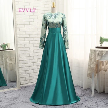 Yeşil Müslüman Abiye A-line Uzun Kollu Saten Sequins Zarif Uzun gece elbisesi Balo Elbise Balo Elbisesi