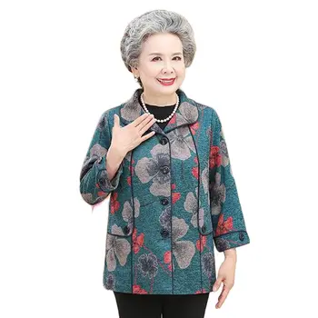 Büyükanne Giyim İlkbahar Ve Sonbahar Yaka pardösü 2022 Yeni Uzun Kollu Baskı Orta Yaşlı Ve Yaşlı anneler Moda Jacket7XL