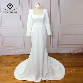 Uzun Kollu düğün elbisesi 2023 Saten Şık Kare Yaka Mermaid Mahkemesi Tren Prenses Vestido De Novia SwanSarah M013 Gelin Kıyafeti