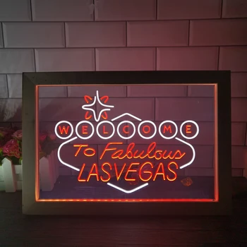 Hoş geldiniz Las Vegas Casino Bira Bar 2 Renkli Ekran Fotoğraf Çerçevesi Yaratıcı Masa Lambası Yatak Odası Masa Ahşap 3D Gece Lambası