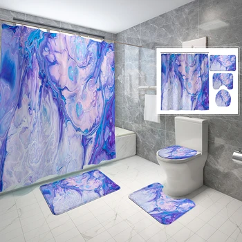 Ebru Duş perde seti Degrade Ton Ebru Görüntü 4 Adet Duş Perdesi Banyo Kaymaz Banyo Paspas Tuvalet Kapağı