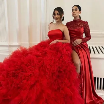 Kırmızı Balo balo kıyafetleri Ruffles Katmanlı Puf Straplez ünlü gece elbisesi Geri Lace Up Kızlar Pageant Törenlerinde Custom Made