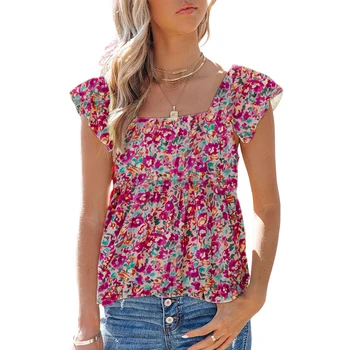 Kadın Tankı Yaz Gevşek Kare Boyun Kolsuz Ruffled Çiçek Baskı Eğlence Bayan Üst Sokak Giyim Sevimli Kadın T-shirt