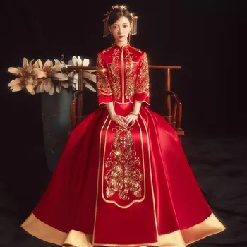 Mandarin Yaka Üç Çeyrek Kollu Nakış Cheongsam düğün elbisesi Çin Geleneksel Ziyafet Gelin китачская одечда