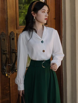 Modern Vintage Stil Kıyafetler Ofis Bayan Zarif Uzun Kollu Beyaz Bluz Kadın Üstleri ve Yeşil Maxi Etek Kemer Kadın Seti