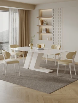 Fransız tarzı kaya paneli yemek masası ve sandalye kombinasyonu, modern ve minimalist ev krem tarzı yemek masası