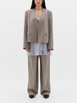 Yeni Düğmeli Uzun kollu kadın ceketi Veya Rahat Kadın Geniş bacaklı Pantolon Zarif Ofis Bayan Takım Elbise 2023 Sonbahar Kış