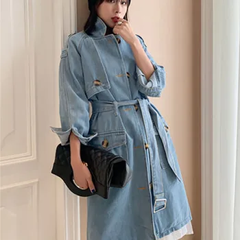 Bahar Vintage Casual Kore Uzun Jean Ceket Kadın Kemer İle Yüksek Sokak Gevşek Rahat Sonbahar Denim Trençkot Giyim S-2XL
