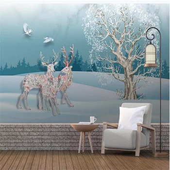 wellyu Özelleştirilmiş duvar kağıdı 3d İskandinav minimalist el-boyalı fantezi mavi orman büyük ağaç geyik arka plan oturma odası duvar kağıdı