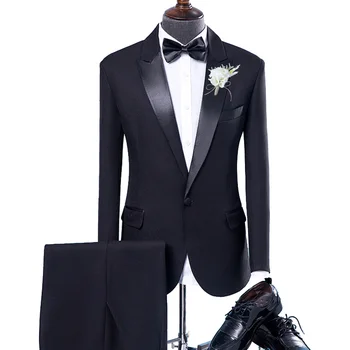 Sonbahar Siyah Erkek Takım Elbise Moda Damat Düğün 2 Adet Set Resmi Blazer Pantolon Akşam Yemeği Parti Giyim Blazer Elbise Slim Fit Ceket Pantolon