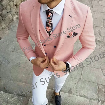 Moda Lüks Pembe Düğün Erkek Takım Elbise Slim Fit Çentikli Yaka Damat Smokin 3 Parça Setleri Iş Erkek Blazers Kostüm Homme
