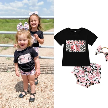 FOCUSNORM 3 adet Yaz Bebek Kız Güzel Giyim Setleri 0-24 M Mektup Mini Leopar Baskılı Kısa Kollu T Shirt + Şort Hairband