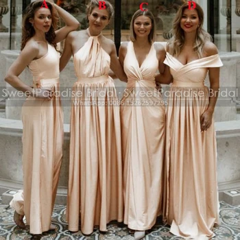 Şampanya Altın Plise Bir Çizgi gelinlik modelleri kadınlar için açık omuzlu Uzun Özelleştirmek Düğün Parti Elbise Hizmetçi Onur