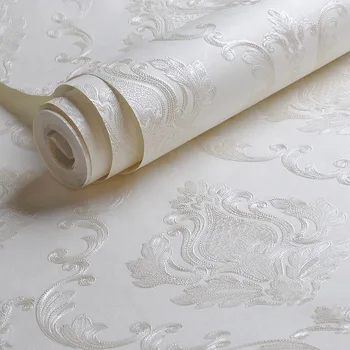 Kremsi Beyaz Kabartmalı Şam Duvar Kağıdı Yatak Odası Oturma odası Arka Plan Çiçek Desen 3D Dokulu duvar kağıdı Ev Dekor Rulo