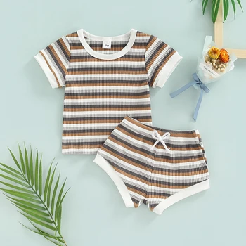 FOCUSNORM 2 adet Bebek Bebek Erkek Kız Giyim Setleri 0-24 M Renkli Çizgili Baskılı Örgü Kısa Kollu T Shirt + Şort