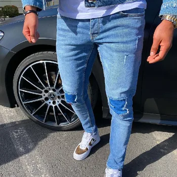 Streetwear erkek Yama Yıpranmış Kot Moda Erkek Streç Rahat Küçük Ayak İnce kot pantolon Klasik Mavi Yıkanmış Kovboy Pantolon